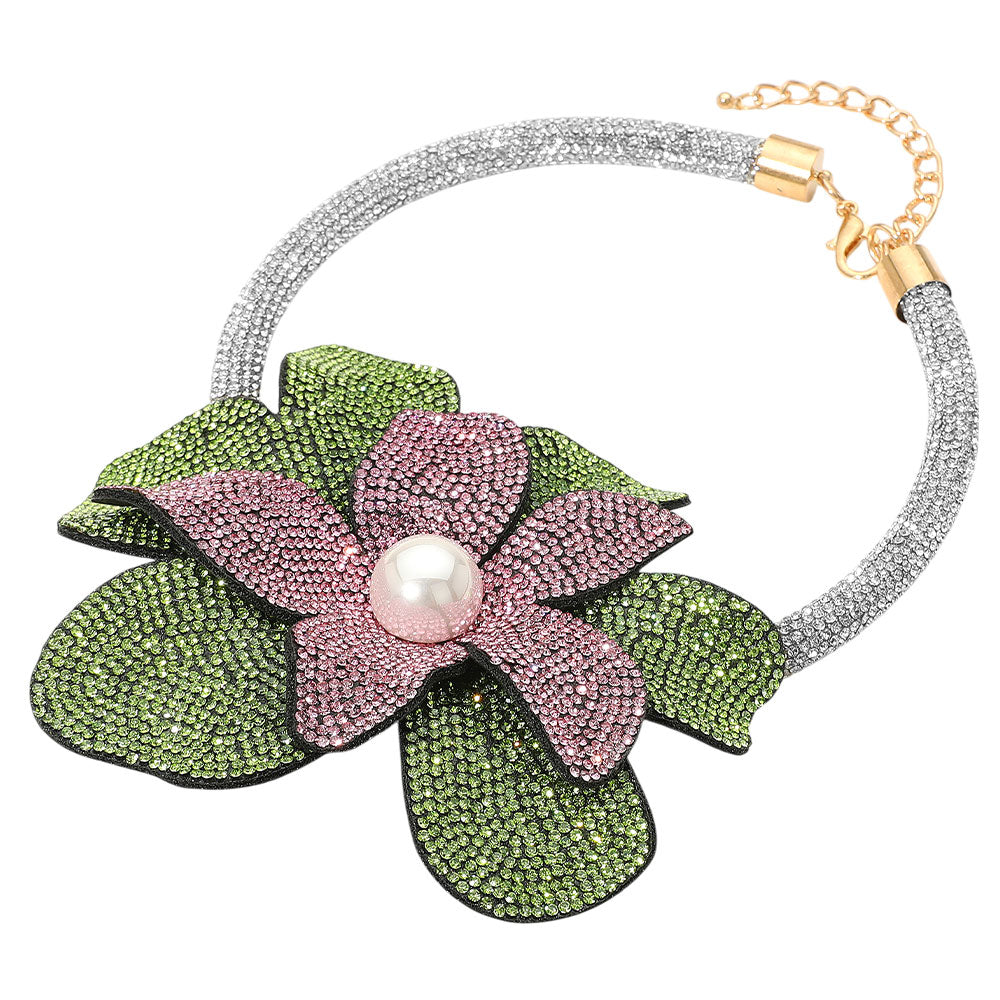 Pearl Centered Bling Studded Oversized Flower Pointed Necklace
