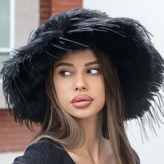 Fuzzy Fluffy Faux Fur Black Bucket Hat