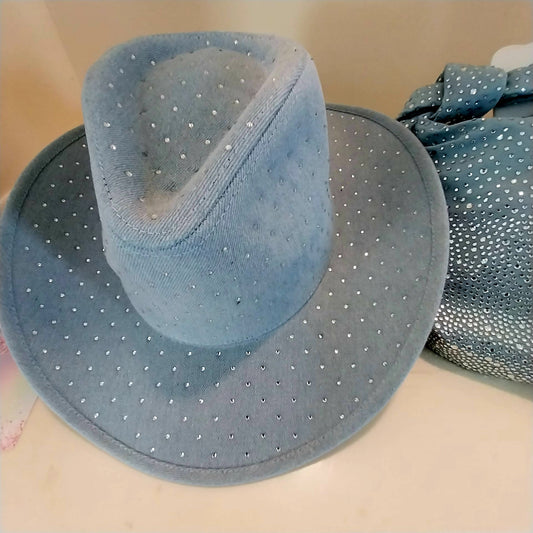 Rhinestone Studded Light Denim Western Cowboy Fedora Hat