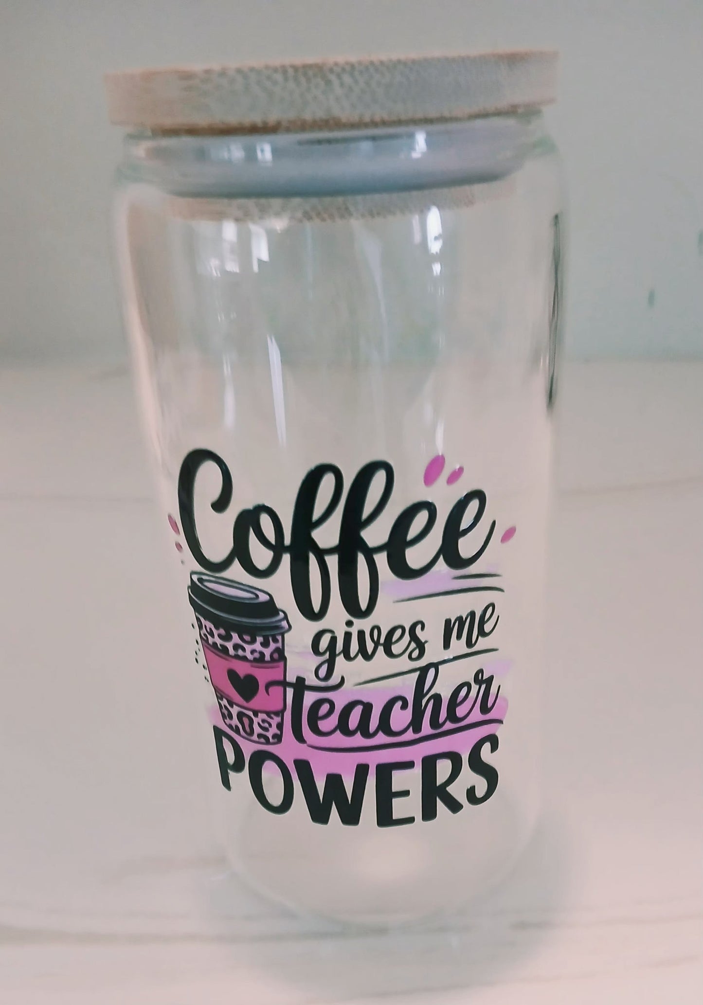 Coffee Gives Me Teacher Powers 16 oz glass tumbler M H W ACCESSORIES LLC Coffee Gives Me Teacher Powers 16 oz glass tumbler