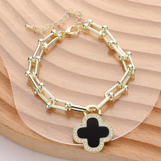 14K Gold Plated CZ Black Paved Rim Quatrefoil Charm Bracelet - M H W ACCESSORIES LLC