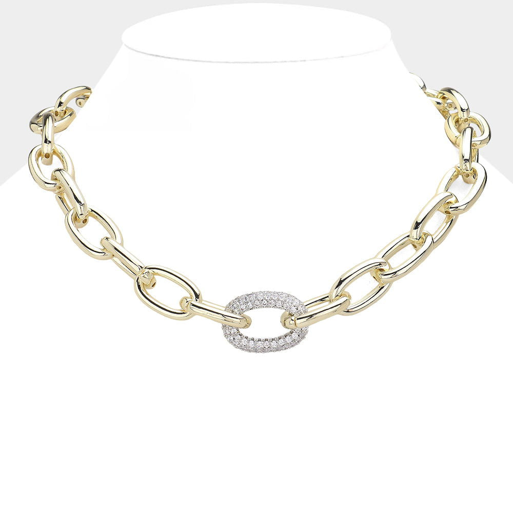 14K Gold Plated CZ Paved Lock Chain Necklace - M H W ACCESSORIES LLC