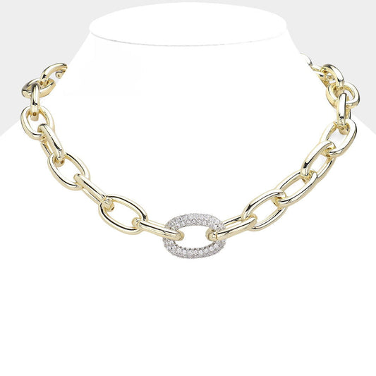 14K Gold Plated CZ Paved Lock Chain Necklace - M H W ACCESSORIES LLC