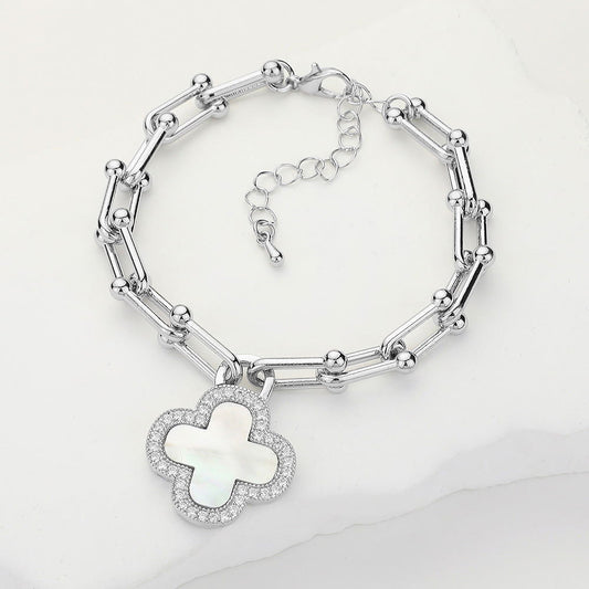 14K Gold Plated CZ Silver Paved Rim Quatrefoil Charm Bracelet - M H W ACCESSORIES LLC