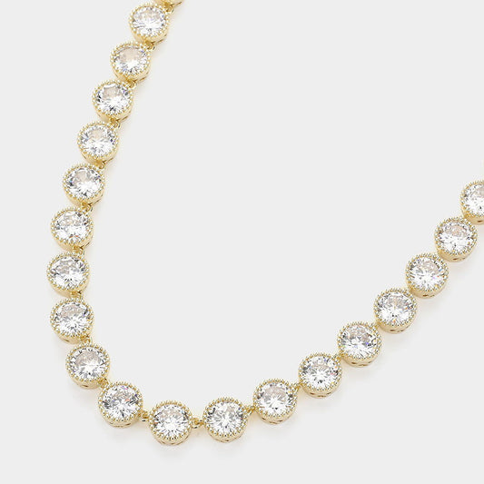 14K Gold Plated CZ Stone Bezel Link Evening Necklace - M H W ACCESSORIES LLC