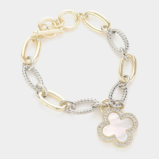 14K Gold Plated CZ Stone Embellished Mother Of Pearl Quatrefoil Charm Textured Metal Toggle Bracelet - M H W ACCESSORIES LLC