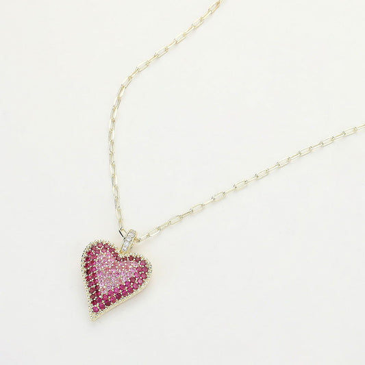 14K Gold Plated CZ Stone Paved Heart Paperclip Chain Pendant Necklace - M H W ACCESSORIES LLC