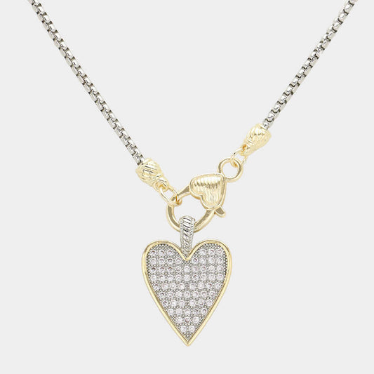 14K Gold Plated CZ Stone Paved Heart Pendant Necklace - M H W ACCESSORIES LLC