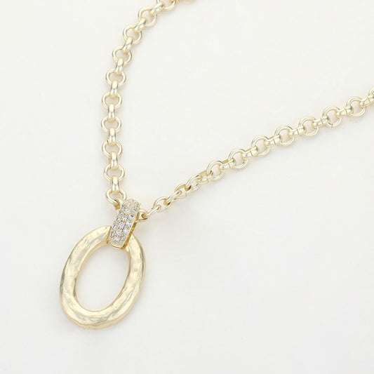 14K Gold Plated CZ Stone Paved Link Hammered Oval Ring Pendant Necklace - M H W ACCESSORIES LLC