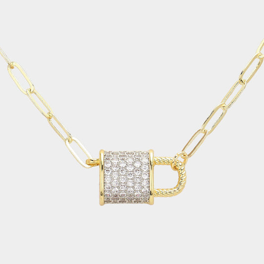 14K Gold Plated CZ Stone Paved Lock Pendant Necklace - M H W ACCESSORIES LLC