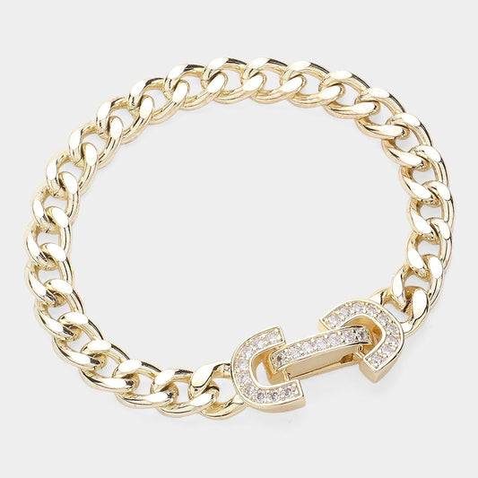 14K Gold Plated CZ Stone Paved Lock Pointed Chain Bracelet - M H W ACCESSORIES LLC