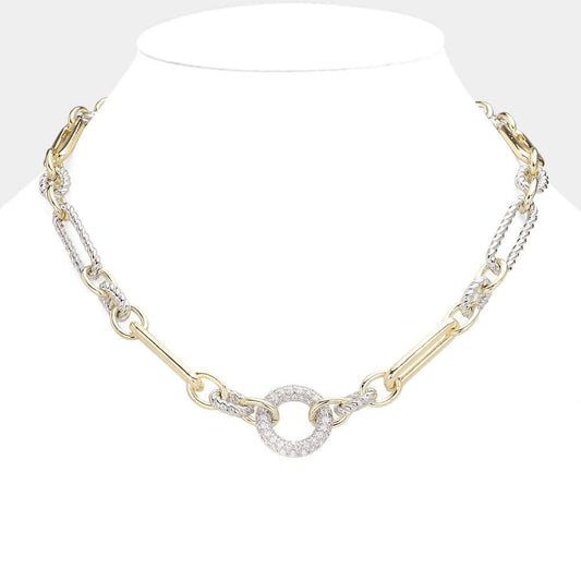 14K Gold Plated CZ Stone Paved Open Circle Pointed Necklace - M H W ACCESSORIES LLC
