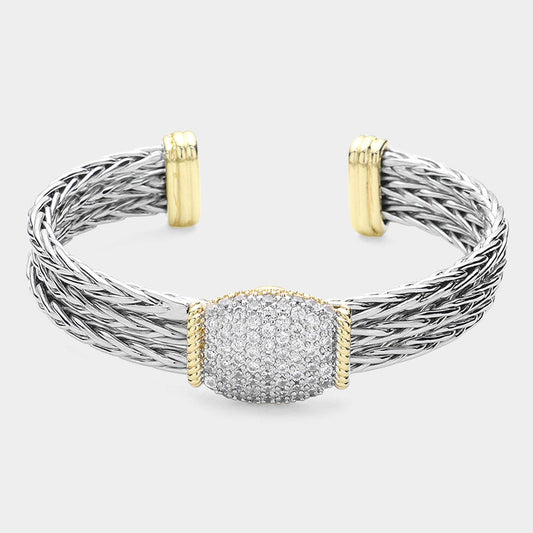 14K Gold Plated CZ Stone Paved Oval Braided Metal Cuff Bracelet - M H W ACCESSORIES LLC