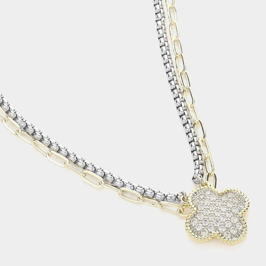 14K Gold Plated CZ Stone Paved Quatrefoil Pendant Layered Necklace - M H W ACCESSORIES LLC