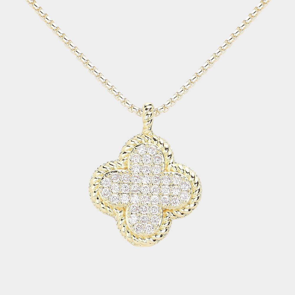 14K Gold Plated CZ Stone Paved Quatrefoil Pendant Two Tone Necklace - M H W ACCESSORIES LLC