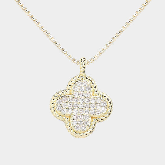14K Gold Plated CZ Stone Paved Quatrefoil Pendant Two Tone Necklace - M H W ACCESSORIES LLC