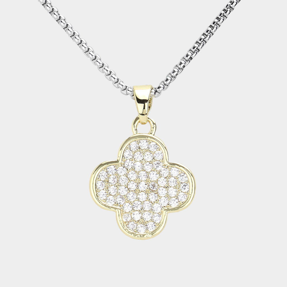 14K Gold Plated CZ Stone Paved Quatrefoil Pendant Two Tone Necklace - M H W ACCESSORIES LLC