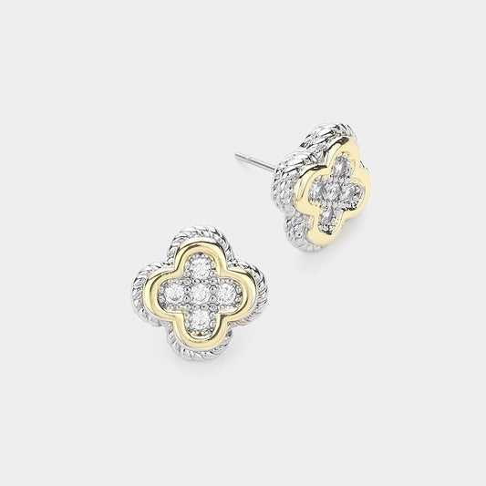 14K Gold Plated CZ Stone Paved Quatrefoil Stud Earrings - M H W ACCESSORIES LLC