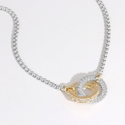 14K Gold Plated CZ Stone Paved double Circle Necklace - M H W ACCESSORIES LLC