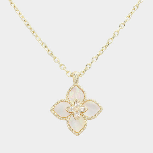 14K Gold Plated CZ Stone Pointed Mother Of Pearl Clover Pendant Necklace - M H W ACCESSORIES LLC