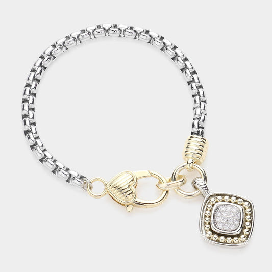 14K Gold Plated CZ Two-Tone Paved Square Charm Bracelet - M H W ACCESSORIES LLC
