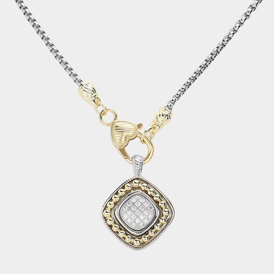 14K Gold Plated CZ Two Tone Square Pendant Necklace - M H W ACCESSORIES LLC