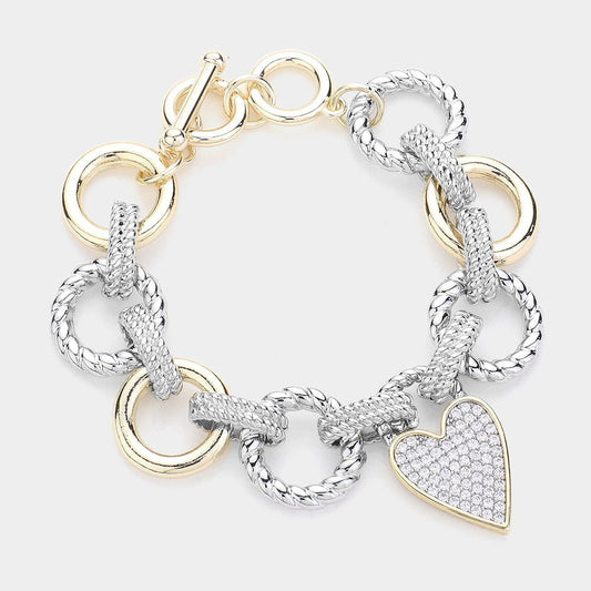 14K Gold Plated Metal Link CZ Paved Heart Pendant Toggle Bracelet - M H W ACCESSORIES LLC