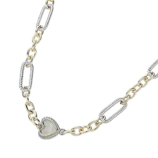 14K Gold Plated Mother Of Pearl Heart Textured Link Long Necklace - M H W ACCESSORIES LLC