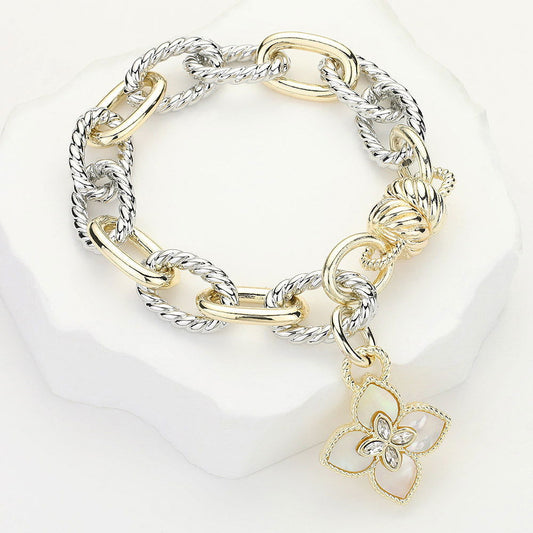 14K Gold Plated Mother of Pearl Clover Charm Chunky Chain Magnetic Bracelet - M H W ACCESSORIES LLC