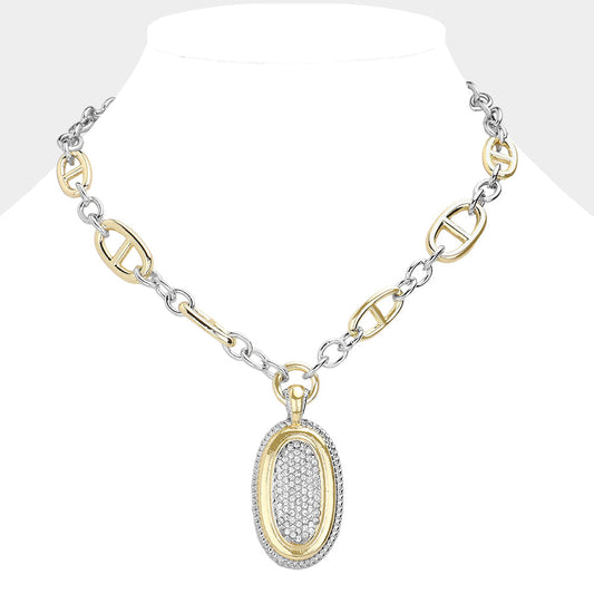 14K Gold Plated Oval Stone Two-Tone Chain Necklace for Women - M H W ACCESSORIES LLC
