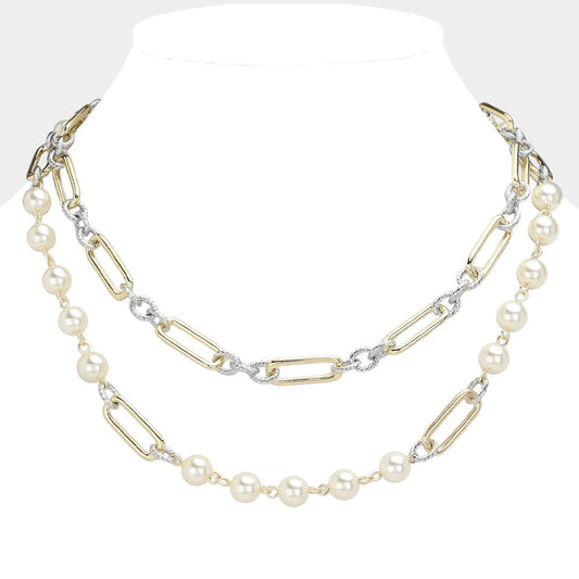 14K Gold Plated Peal Two Tone Paperclip Chain Link Toggle Necklace - M H W ACCESSORIES LLC