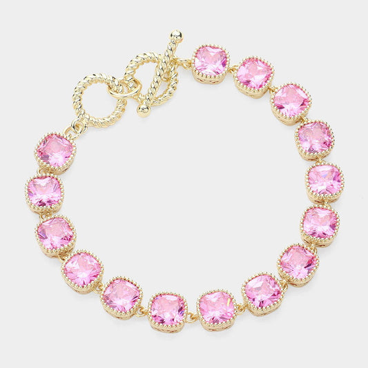 14K Gold Plated Pink Square CZ Stone Link Evening Toggle Bracelet - M H W ACCESSORIES LLC