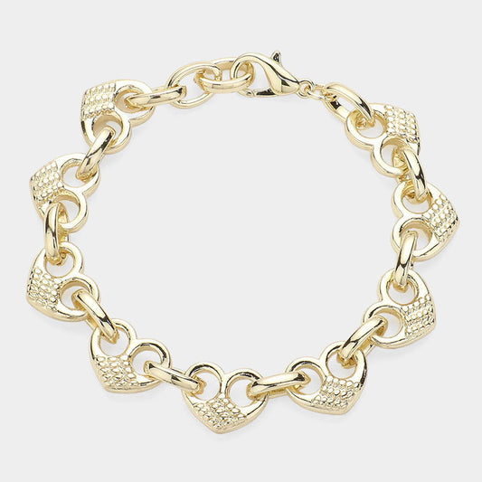 14K Gold Plated Puffed Dome Heart Link Bracelet - M H W ACCESSORIES LLC