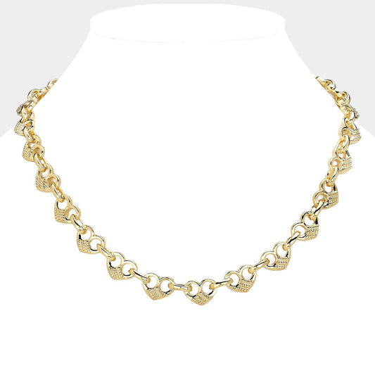 14K Gold Plated Puffed Dome Heart Link Necklace - M H W ACCESSORIES LLC