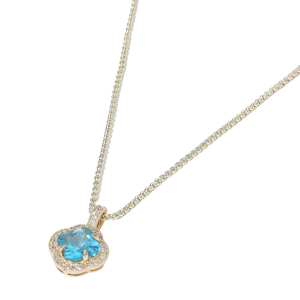 14K Gold Plated Quatrefoil CZ Blue Pendant Necklace - M H W ACCESSORIES LLC