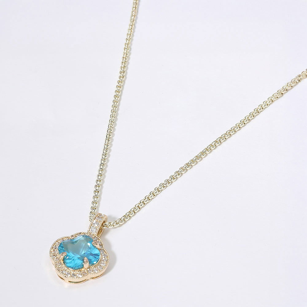 14K Gold Plated Quatrefoil CZ Blue Pendant Necklace - M H W ACCESSORIES LLC