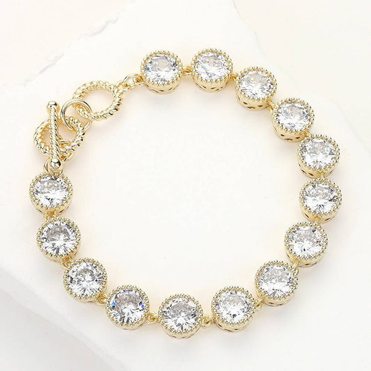 14K Gold Plated Round CZ Stone Bezel Link Toggle Bracelet - M H W ACCESSORIES LLC