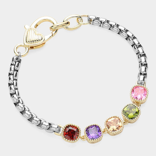 14K Gold Plated Square Colorful CZ Stone Cluster Link Bracelet - M H W ACCESSORIES LLC