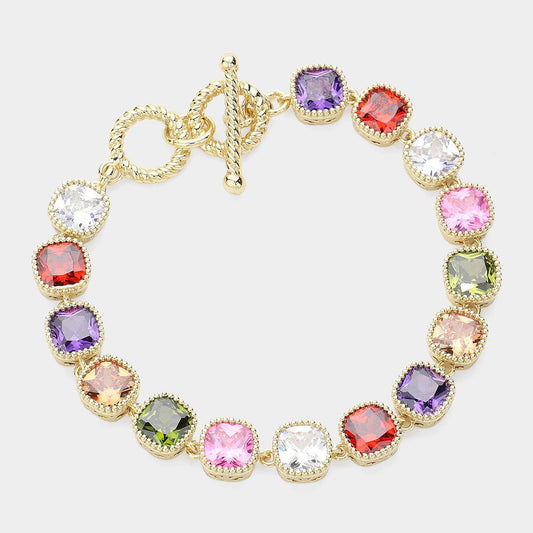 14K Gold Plated Square Multi CZ Stone Link Evening Toggle Bracelet - M H W ACCESSORIES LLC