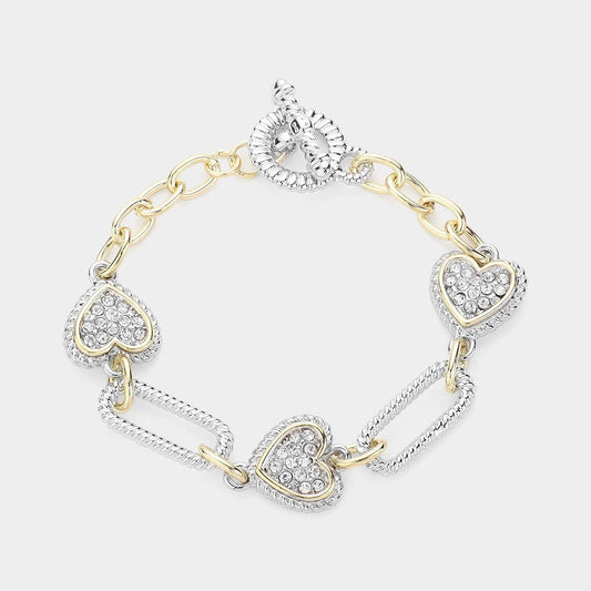 14K Gold Plated Stone Paved Heart Link- M H W ACCESSORIES - M H W ACCESSORIES LLC