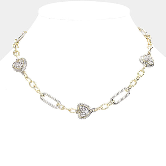 14K Gold Plated Stone Paved Heart Station Necklace - M H W ACCESSORIES LLC