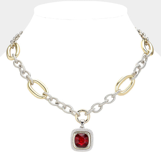 14K Gold Plated Textured Two-Tone Metal Link Square Siam Stone Pointed Pendant Necklace - M H W ACCESSORIES LLC