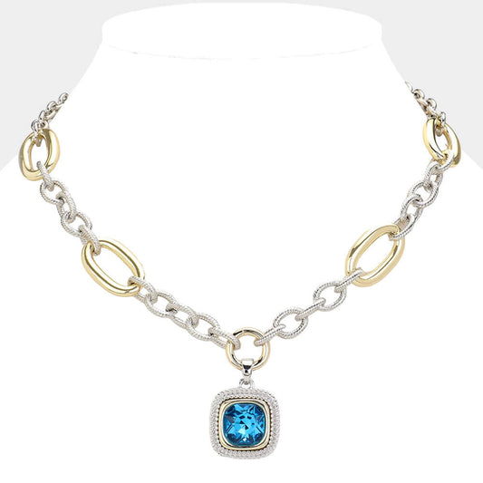 14K Gold Plated Textured Two Tone Metal Link Square Pendant Necklace - M H W ACCESSORIES LLC