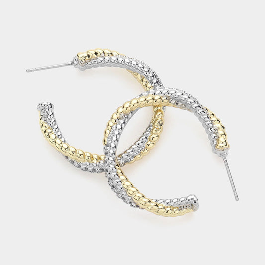 14K Gold Plated Two-Tone CZ Hoop Earrings-M H W ACCESSORIES - M H W ACCESSORIES LLC