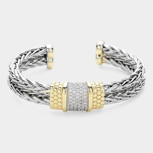 14K Gold Plated Two Tone CZ Braided Cuff Bracelet - M H W ACCESSORIES LLC