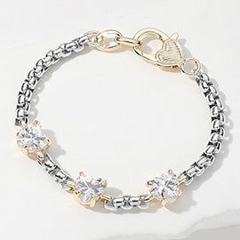 14K Gold Plated Two Tone CZ Heart Custer Bracelet - M H W ACCESSORIES LLC