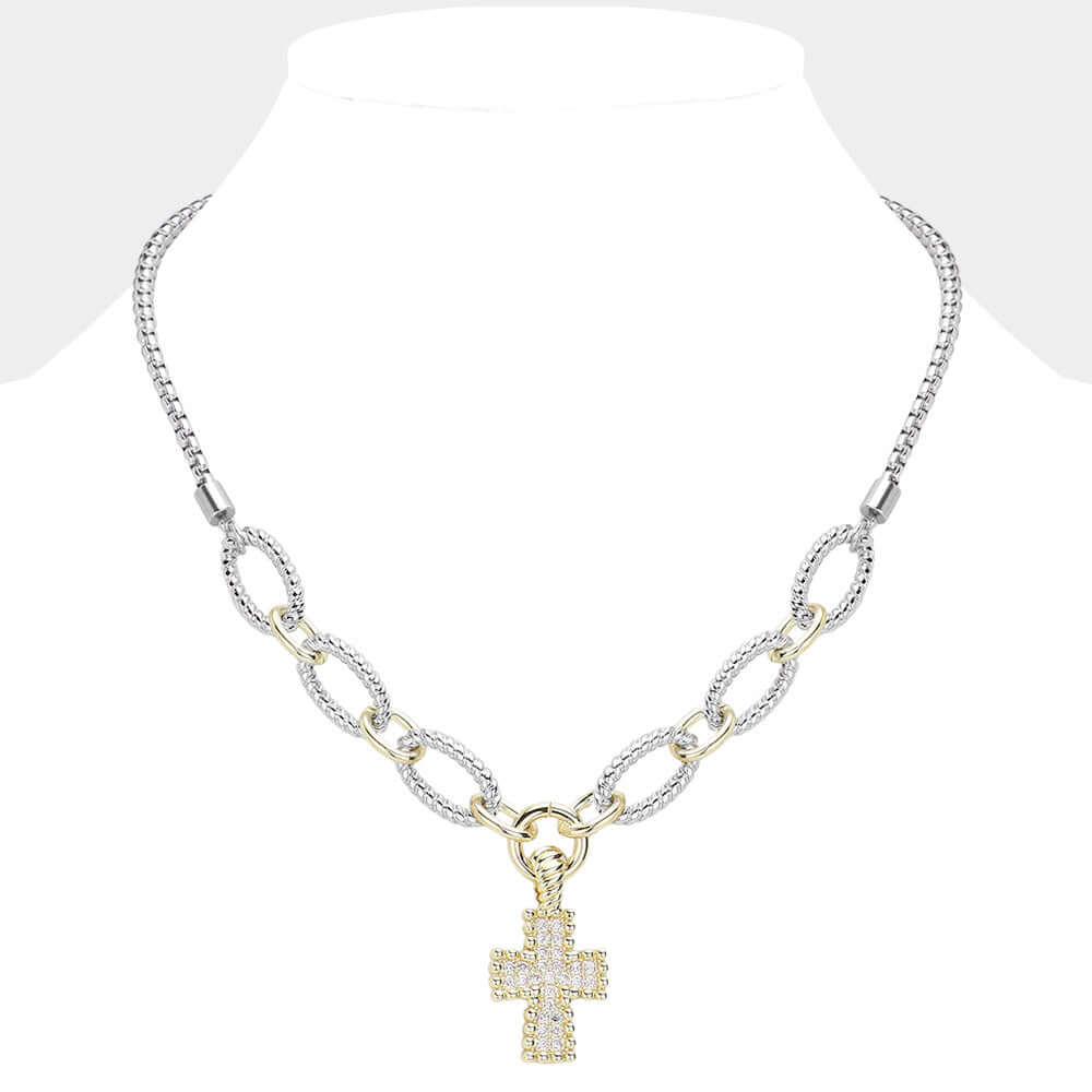 14K Gold Plated Two Tone CZ Paved Cross Pendant Necklace - M H W ACCESSORIES LLC