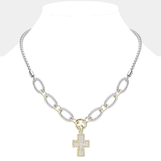 14K Gold Plated Two Tone CZ Paved Cross Pendant Necklace - M H W ACCESSORIES LLC