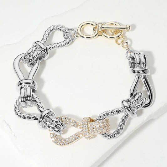 14K Gold Plated Two Tone CZ Rope Knot Link Toggle Bracelet - M H W ACCESSORIES LLC