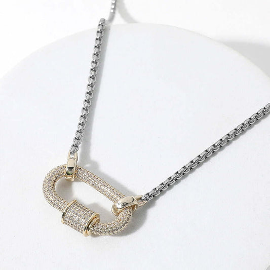 14K Gold Plated Two Tone CZ Stone Paved Carabiner Pendant Necklace - M H W ACCESSORIES LLC